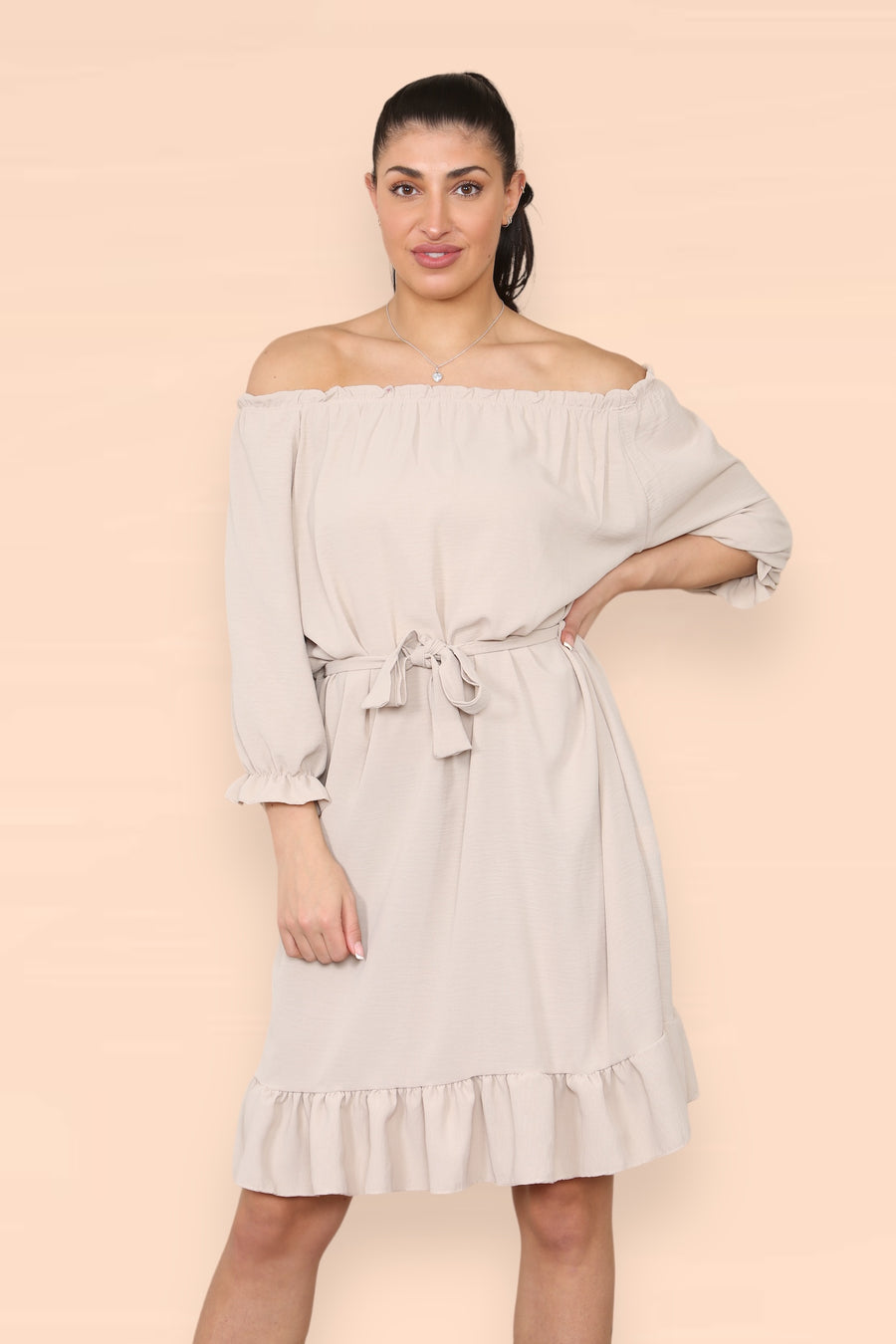 Off Shoulders Ruffled Dress with Elasticated 3/4 Sleeves