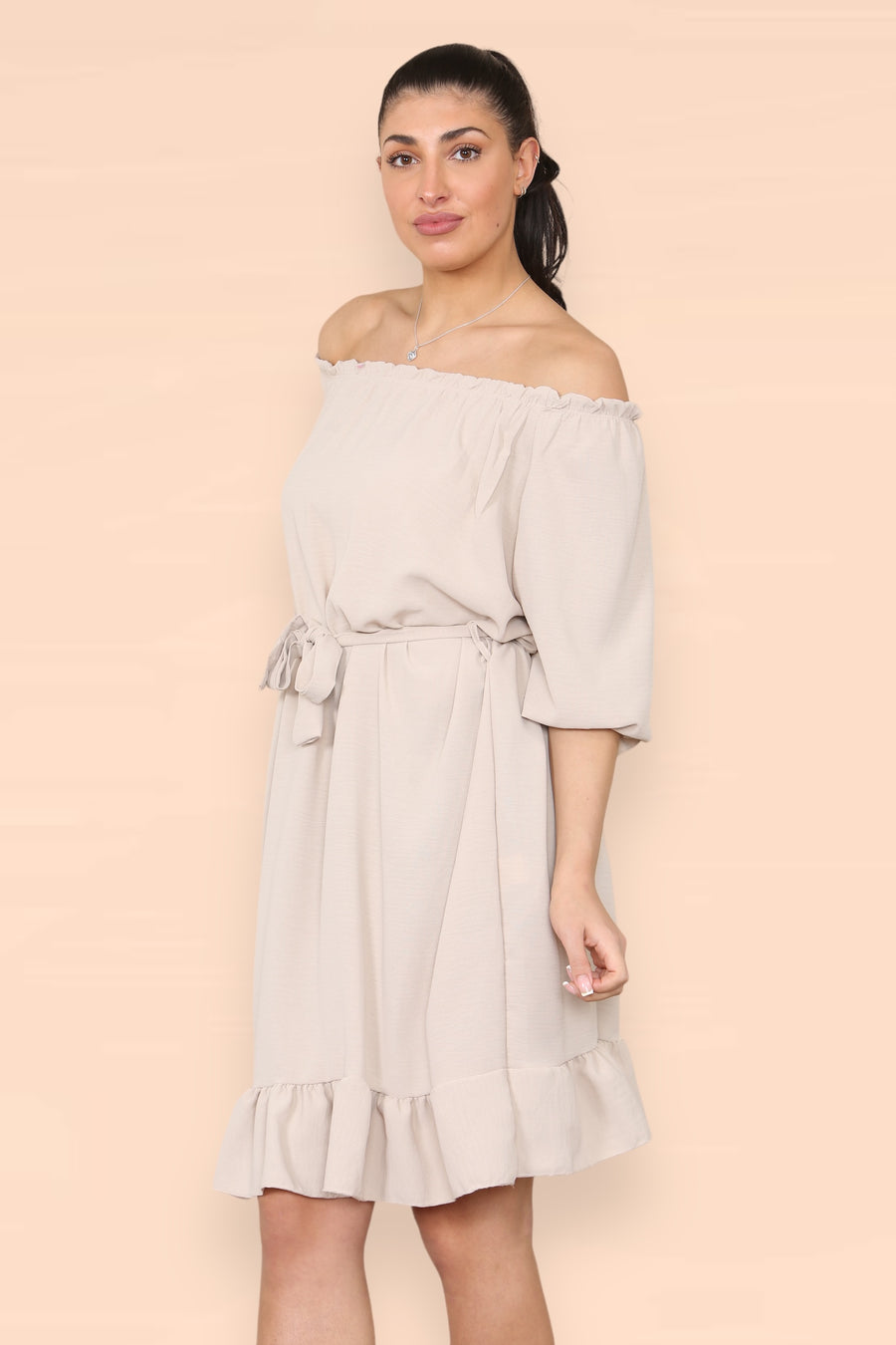 Off Shoulders Ruffled Dress with Elasticated 3/4 Sleeves