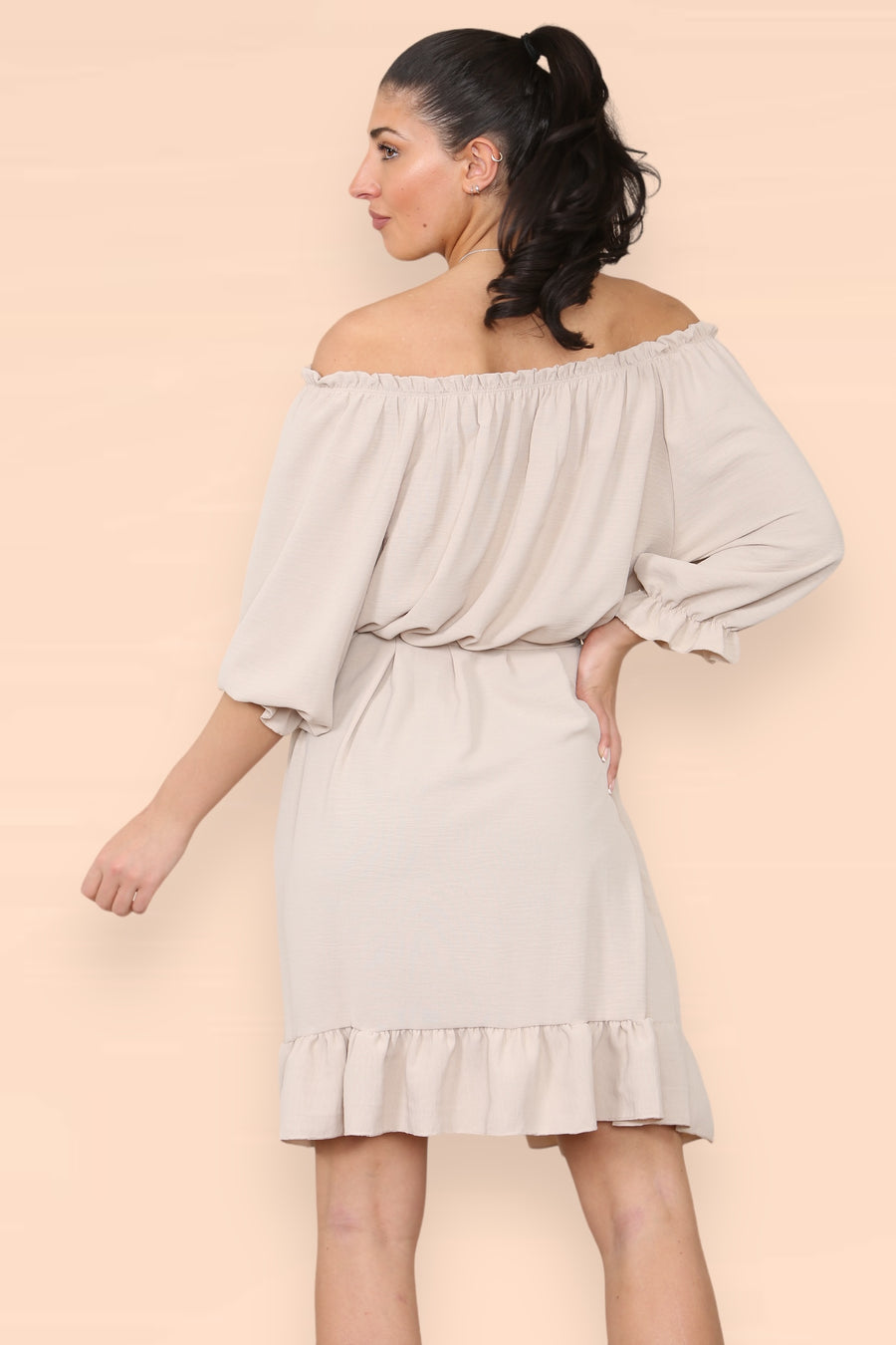 Off Shoulders Ruffled Dress with Elasticated 3/4 Sleeves