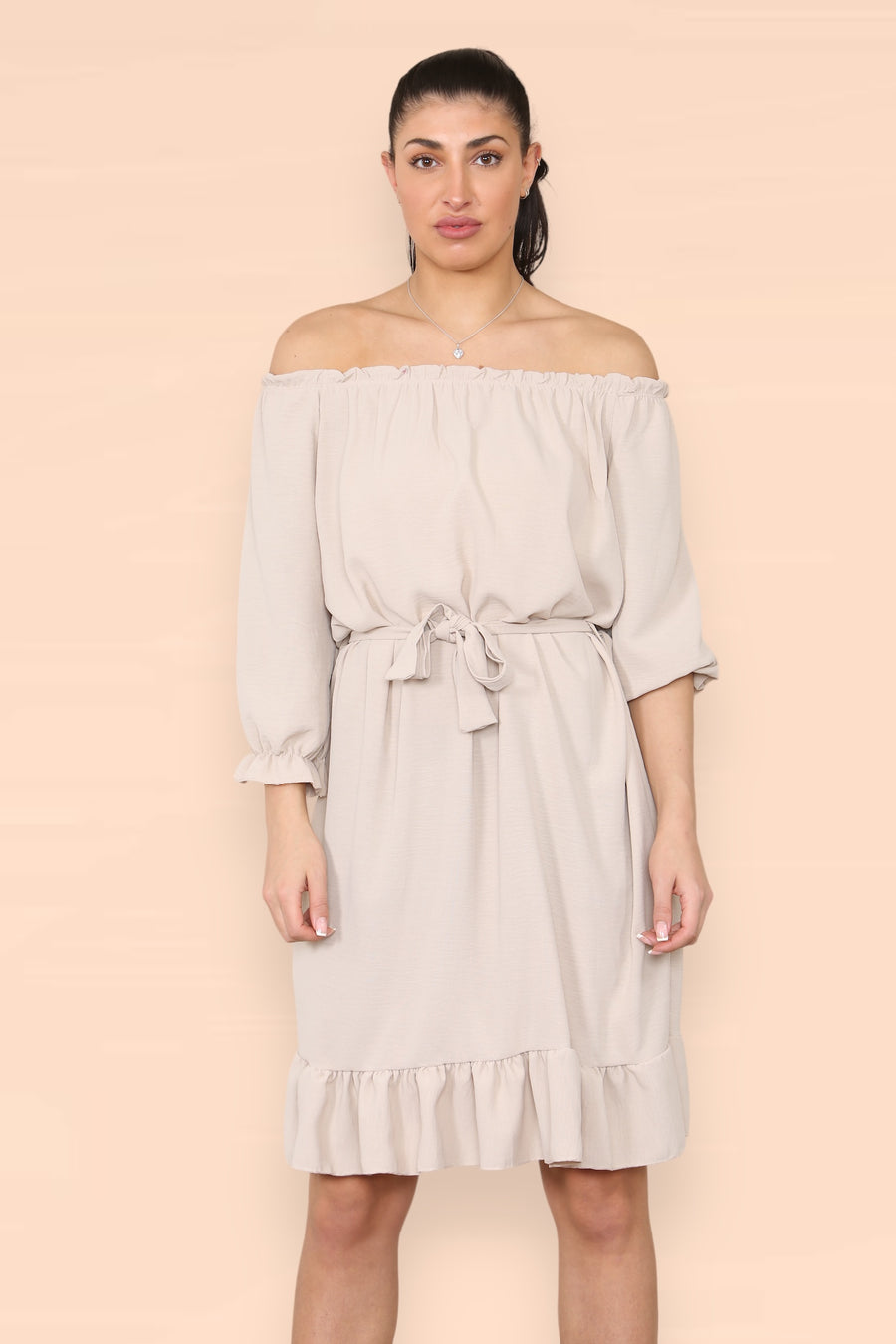 Off Shoulders Ruffled Dress with Elasticated 3/4 Sleeves