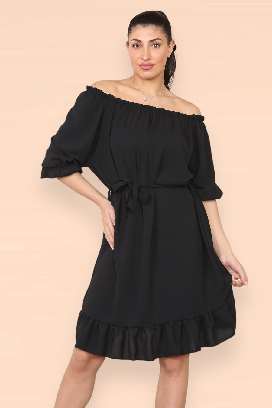 Off Shoulders Ruffled Dress with Elasticated 3/4 Sleeves