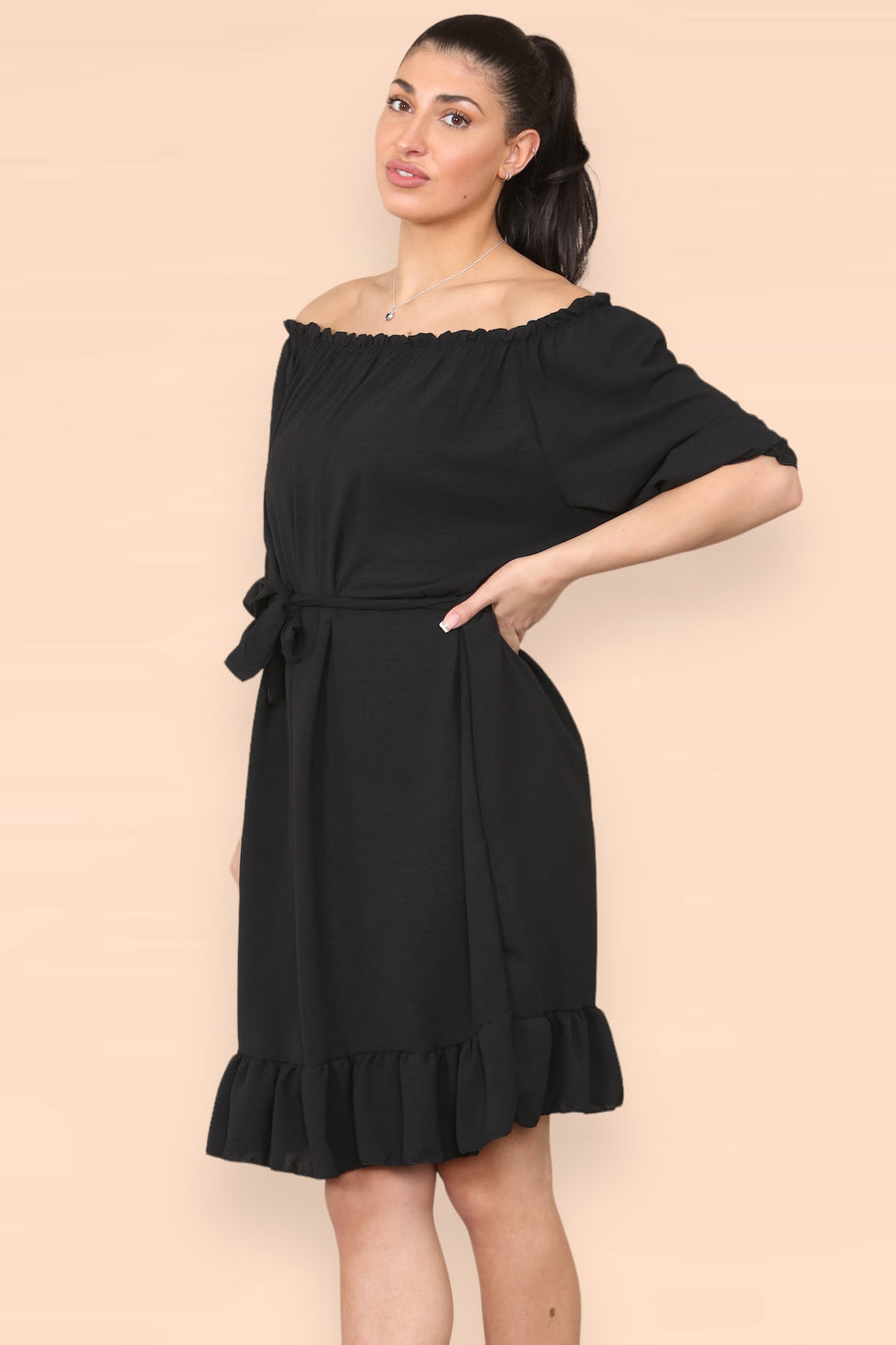 Off Shoulders Ruffled Dress with Elasticated 3/4 Sleeves