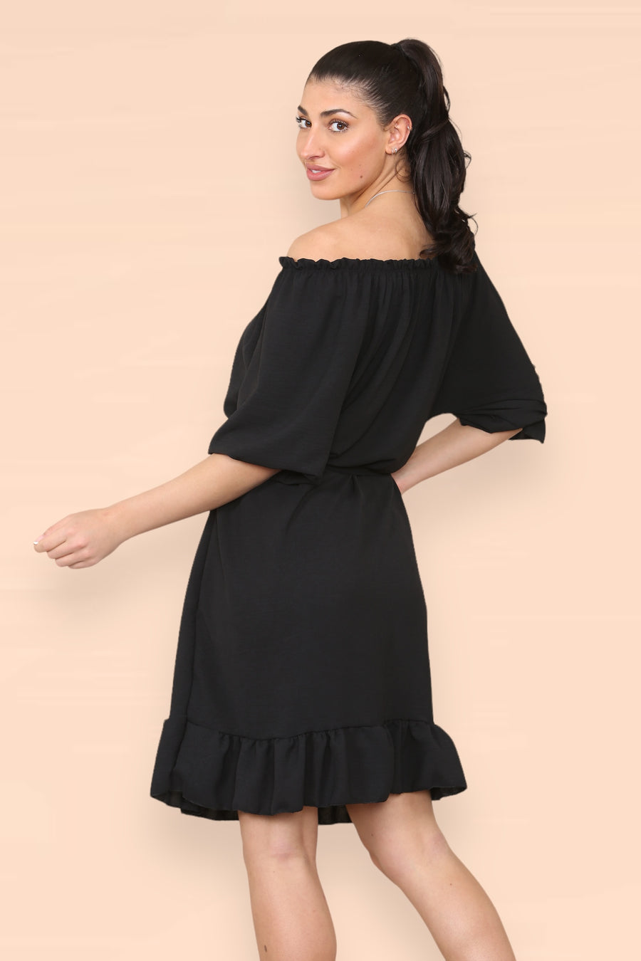 Off Shoulders Ruffled Dress with Elasticated 3/4 Sleeves