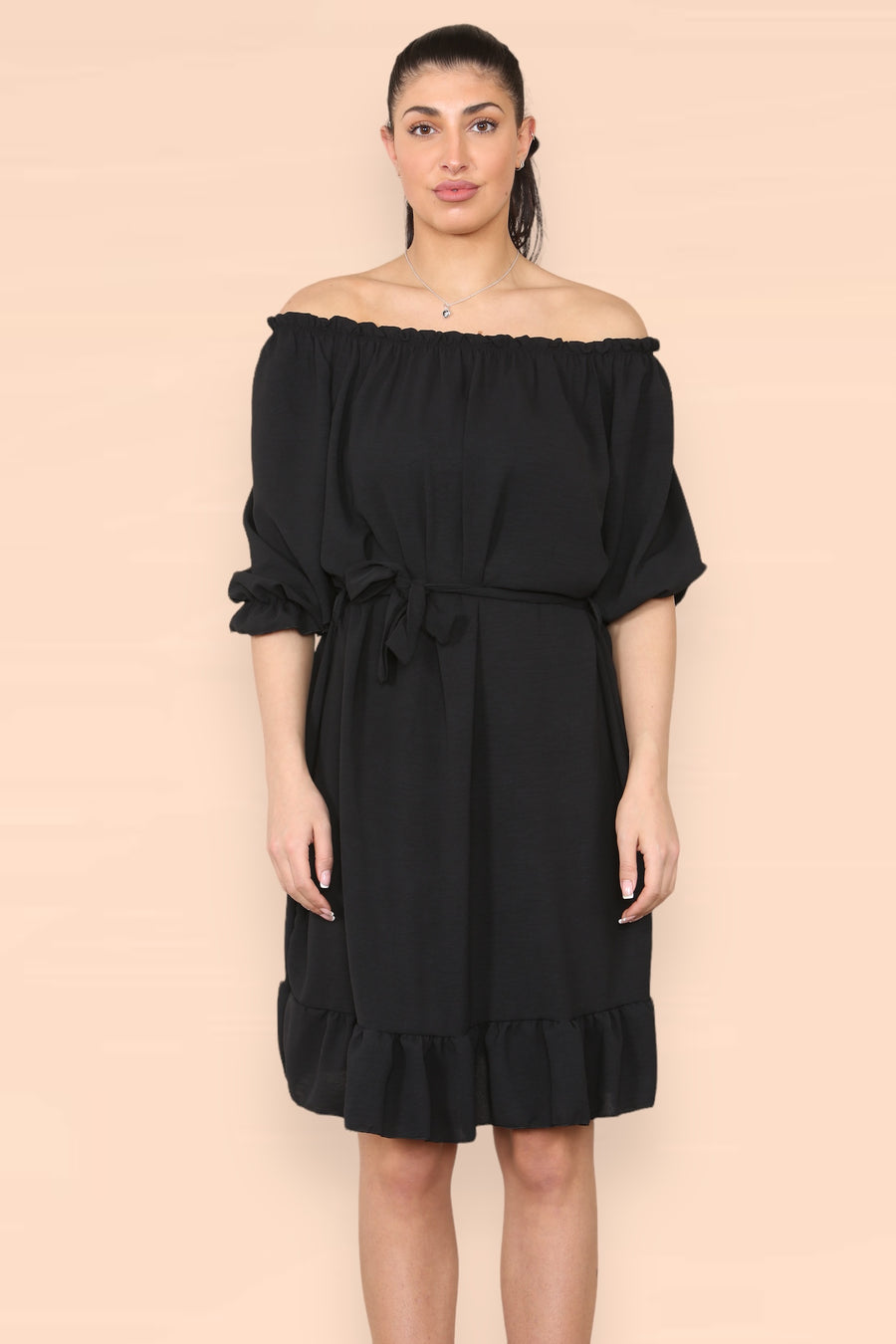 Off Shoulders Ruffled Dress with Elasticated 3/4 Sleeves