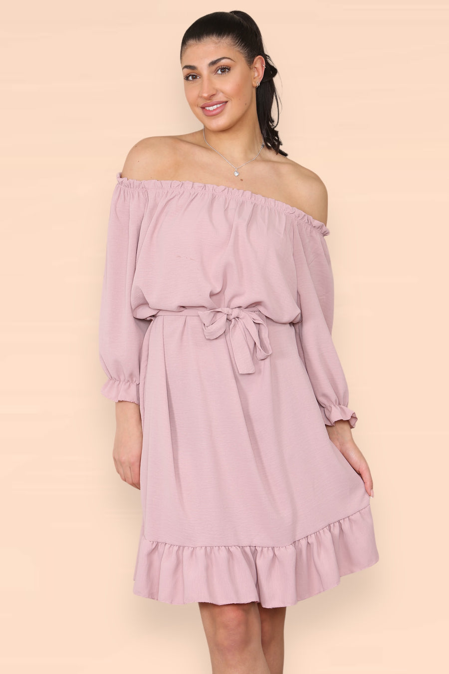 Off Shoulders Ruffled Dress with Elasticated 3/4 Sleeves