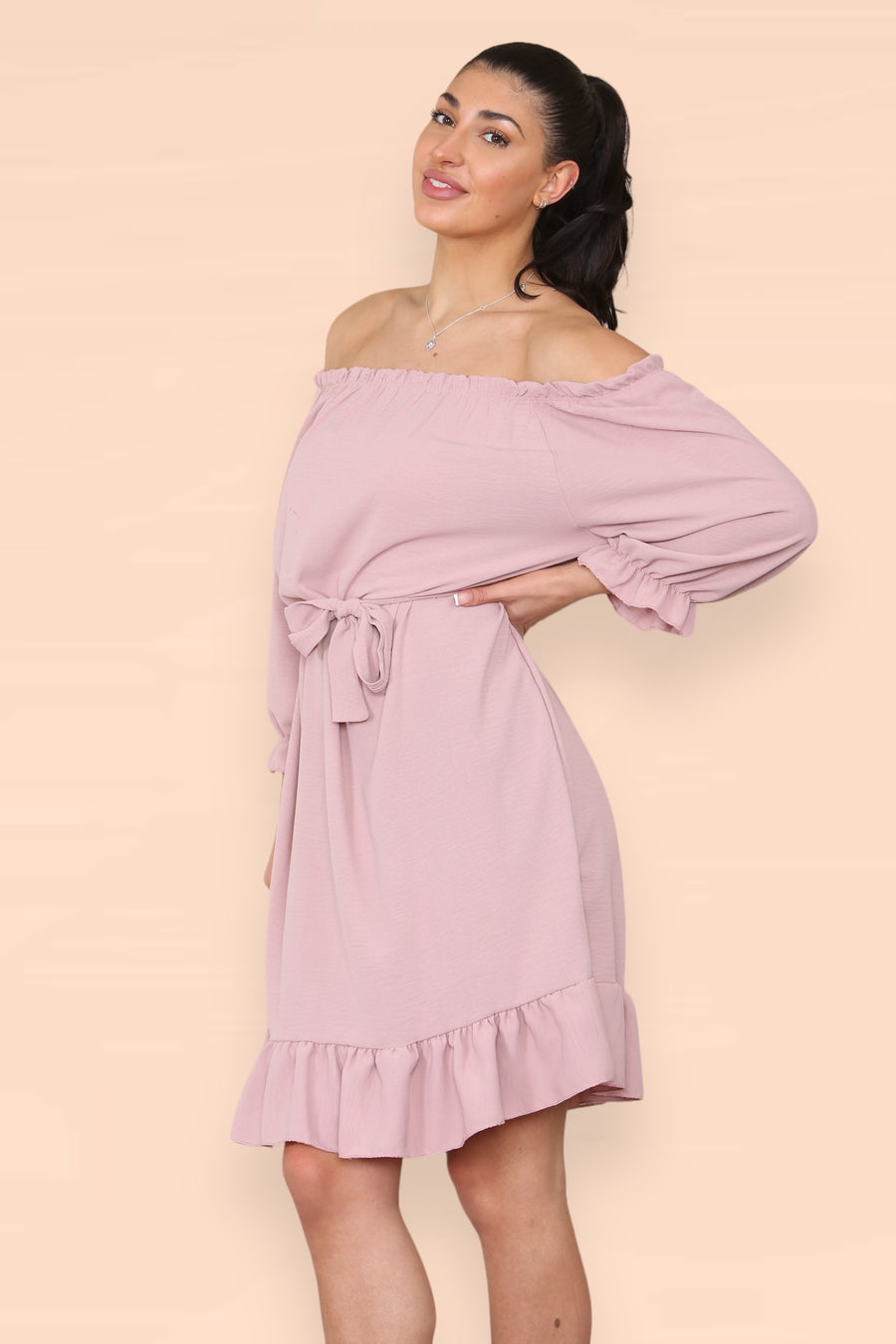 Off Shoulders Ruffled Dress with Elasticated 3/4 Sleeves