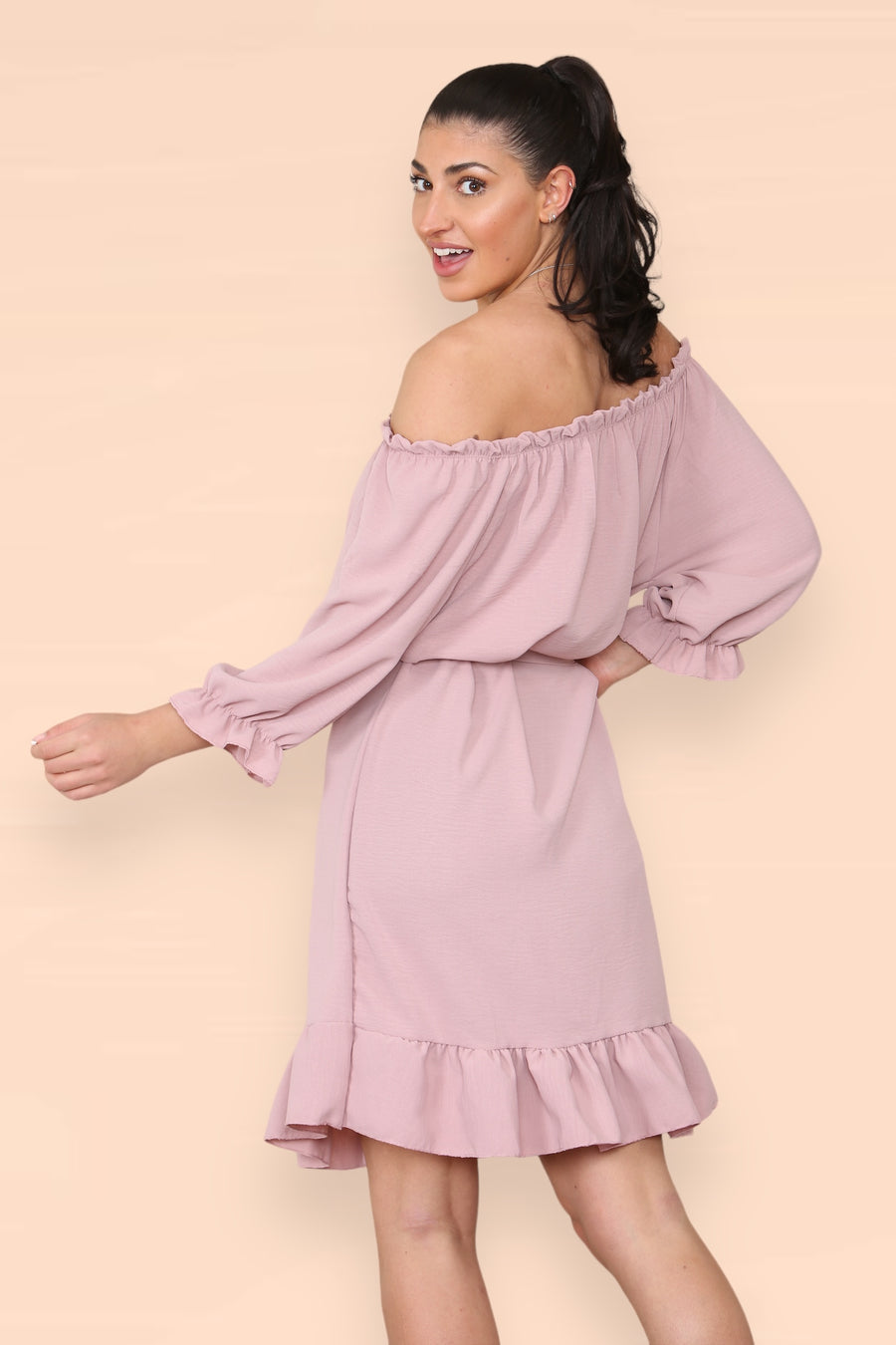 Off Shoulders Ruffled Dress with Elasticated 3/4 Sleeves