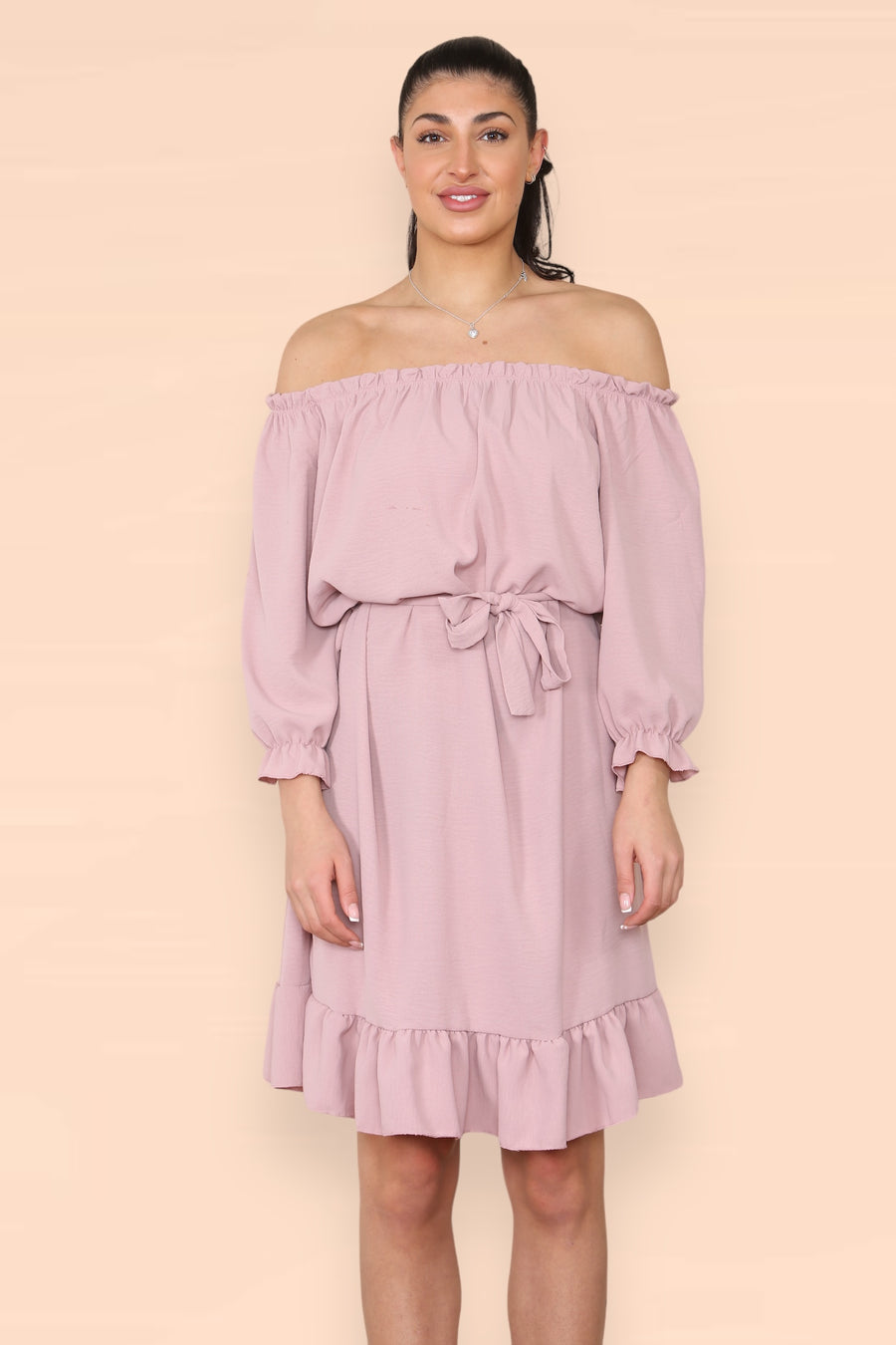 Off Shoulders Ruffled Dress with Elasticated 3/4 Sleeves