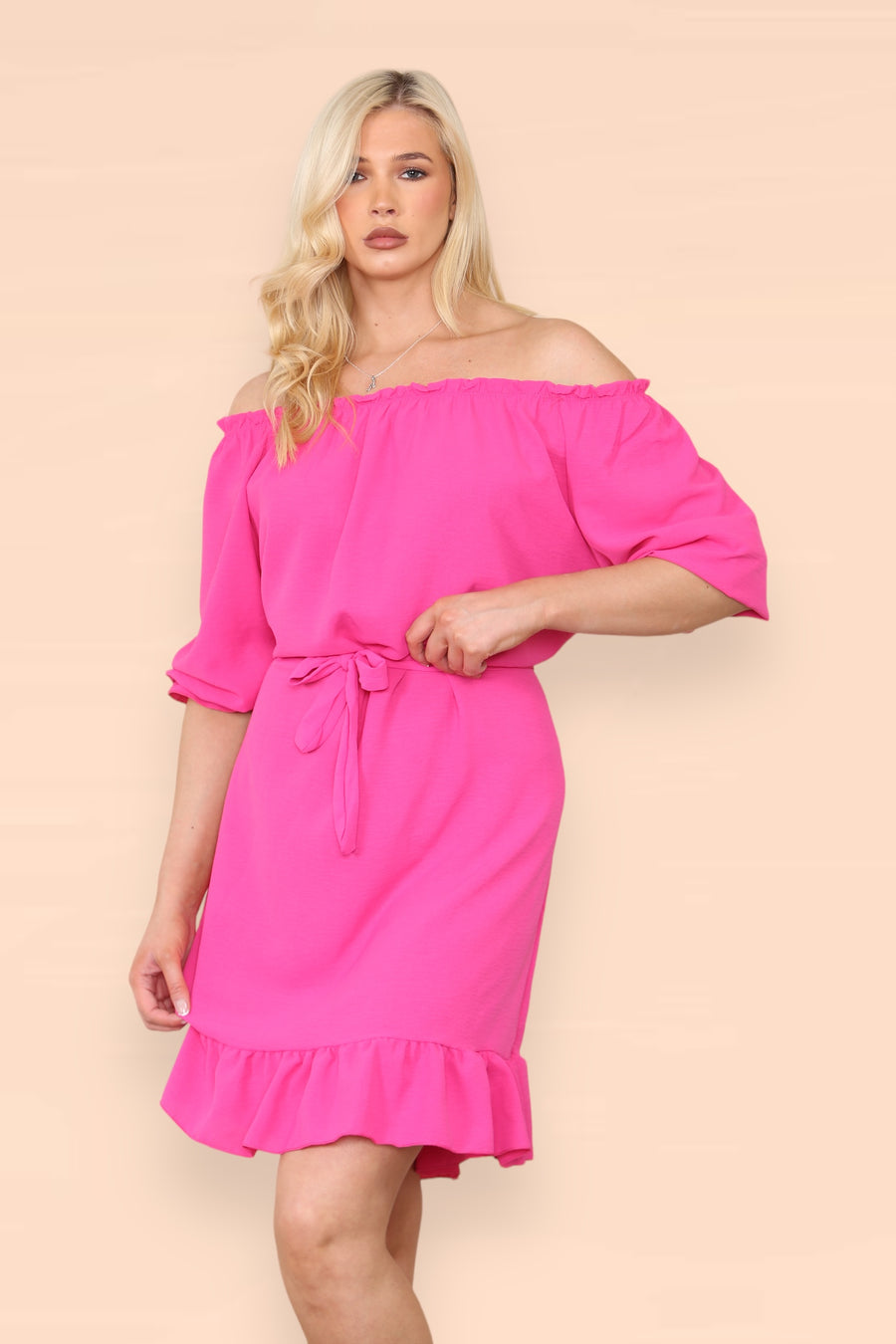 Off Shoulders Ruffled Dress with Elasticated 3/4 Sleeves