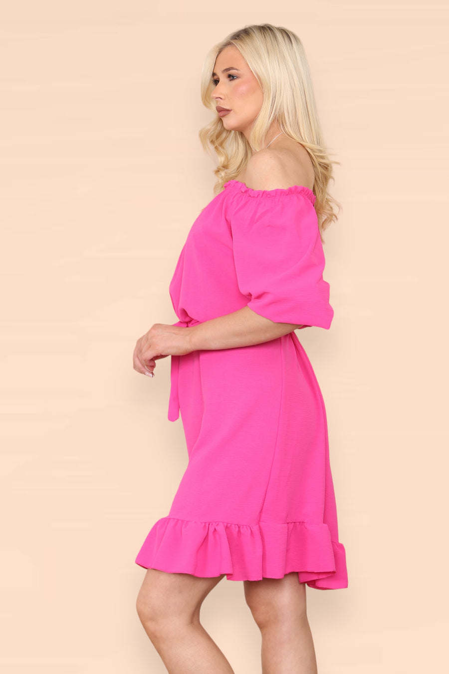 Off Shoulders Ruffled Dress with Elasticated 3/4 Sleeves