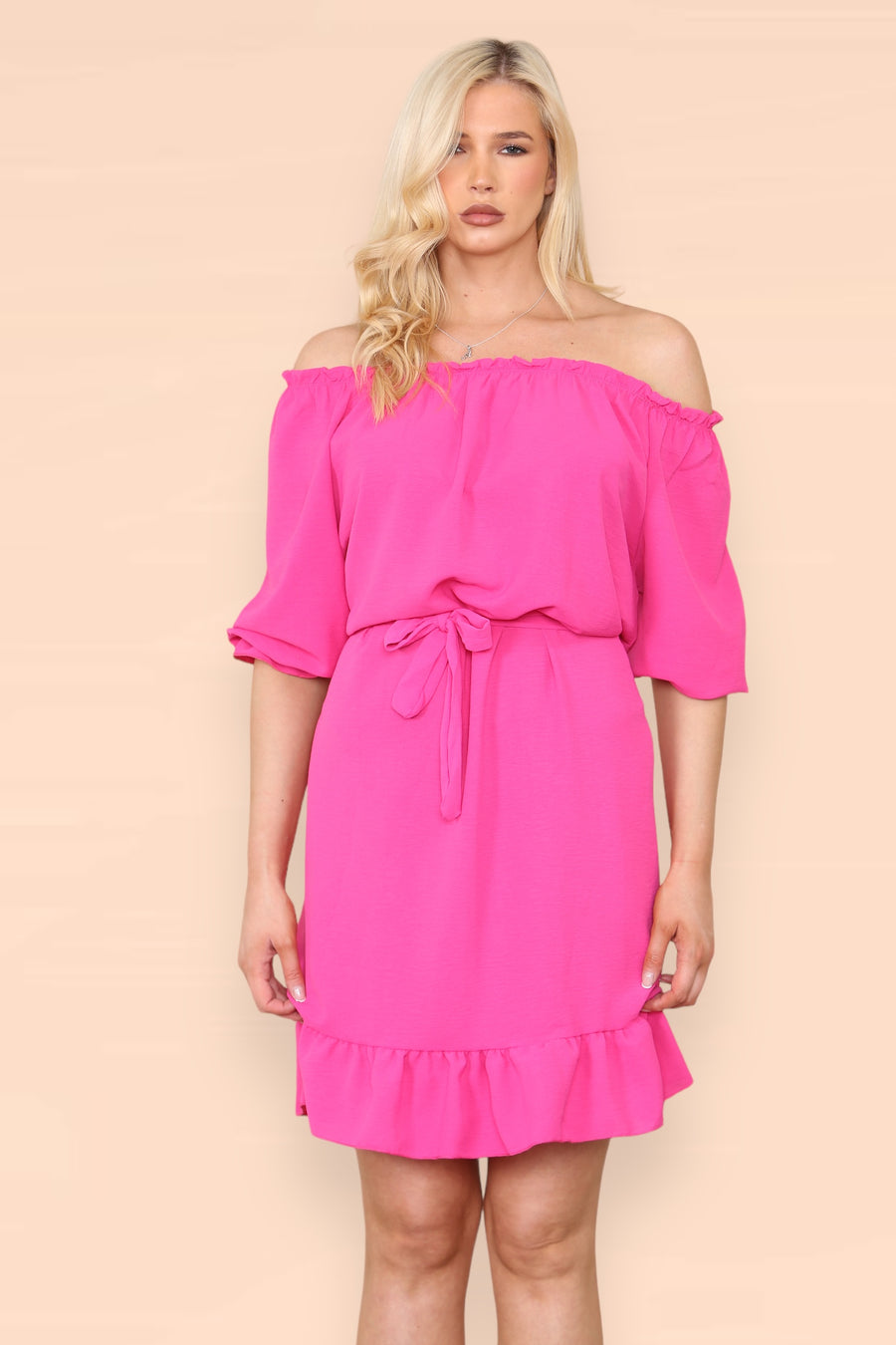 Off Shoulders Ruffled Dress with Elasticated 3/4 Sleeves