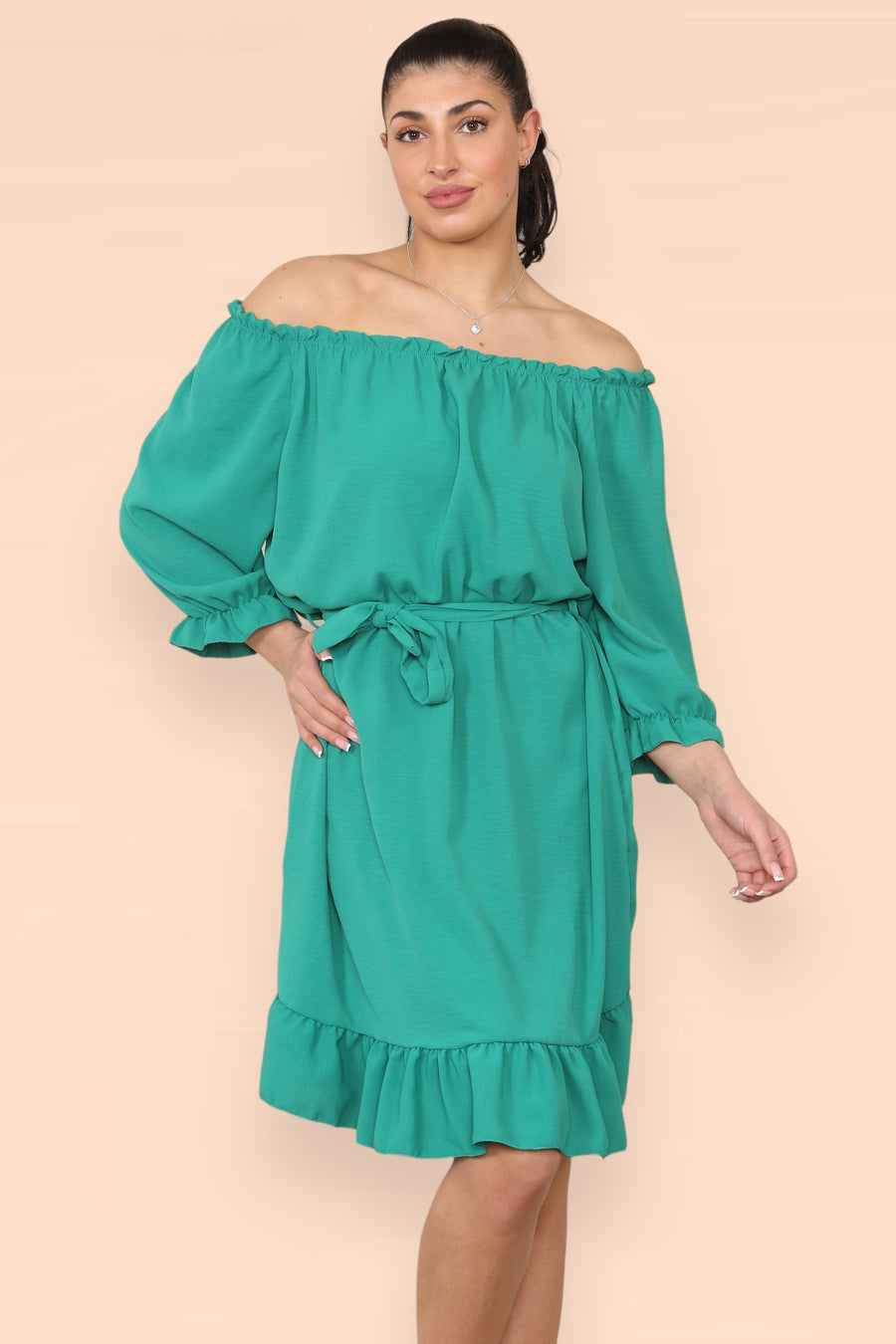 Off Shoulders Ruffled Dress with Elasticated 3/4 Sleeves