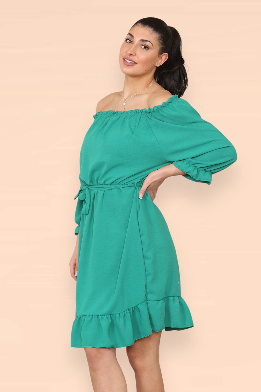 Off Shoulders Ruffled Dress with Elasticated 3/4 Sleeves