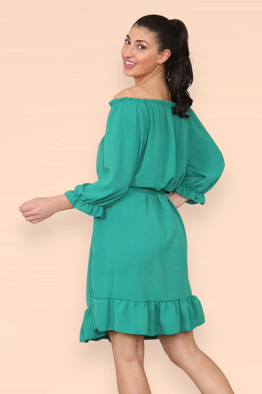 Off Shoulders Ruffled Dress with Elasticated 3/4 Sleeves