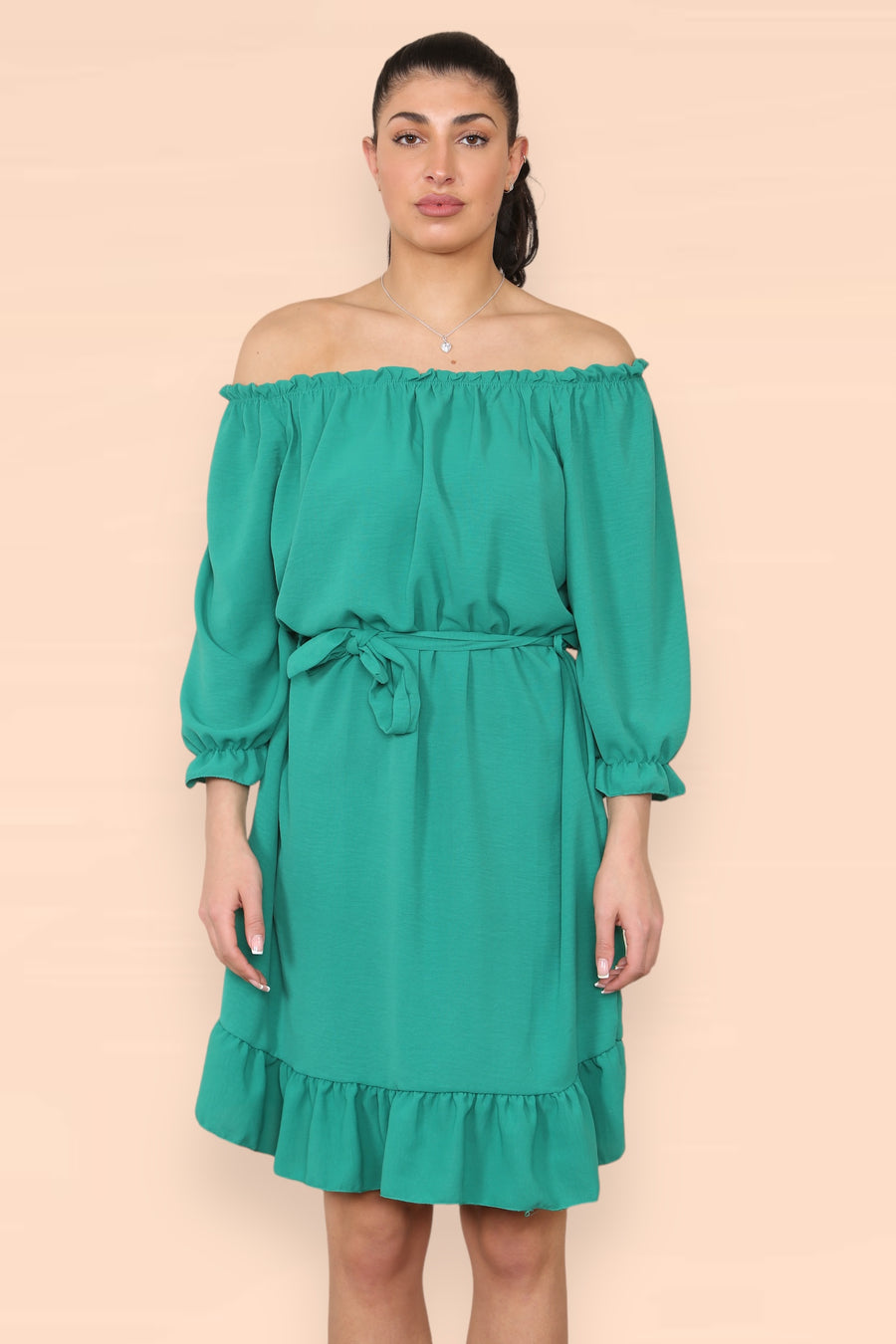 Off Shoulders Ruffled Dress with Elasticated 3/4 Sleeves