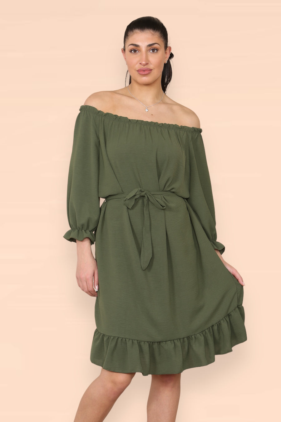 Off Shoulders Ruffled Dress with Elasticated 3/4 Sleeves