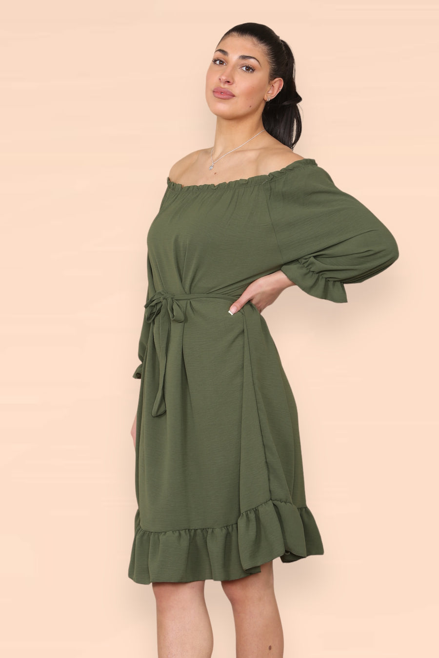 Off Shoulders Ruffled Dress with Elasticated 3/4 Sleeves