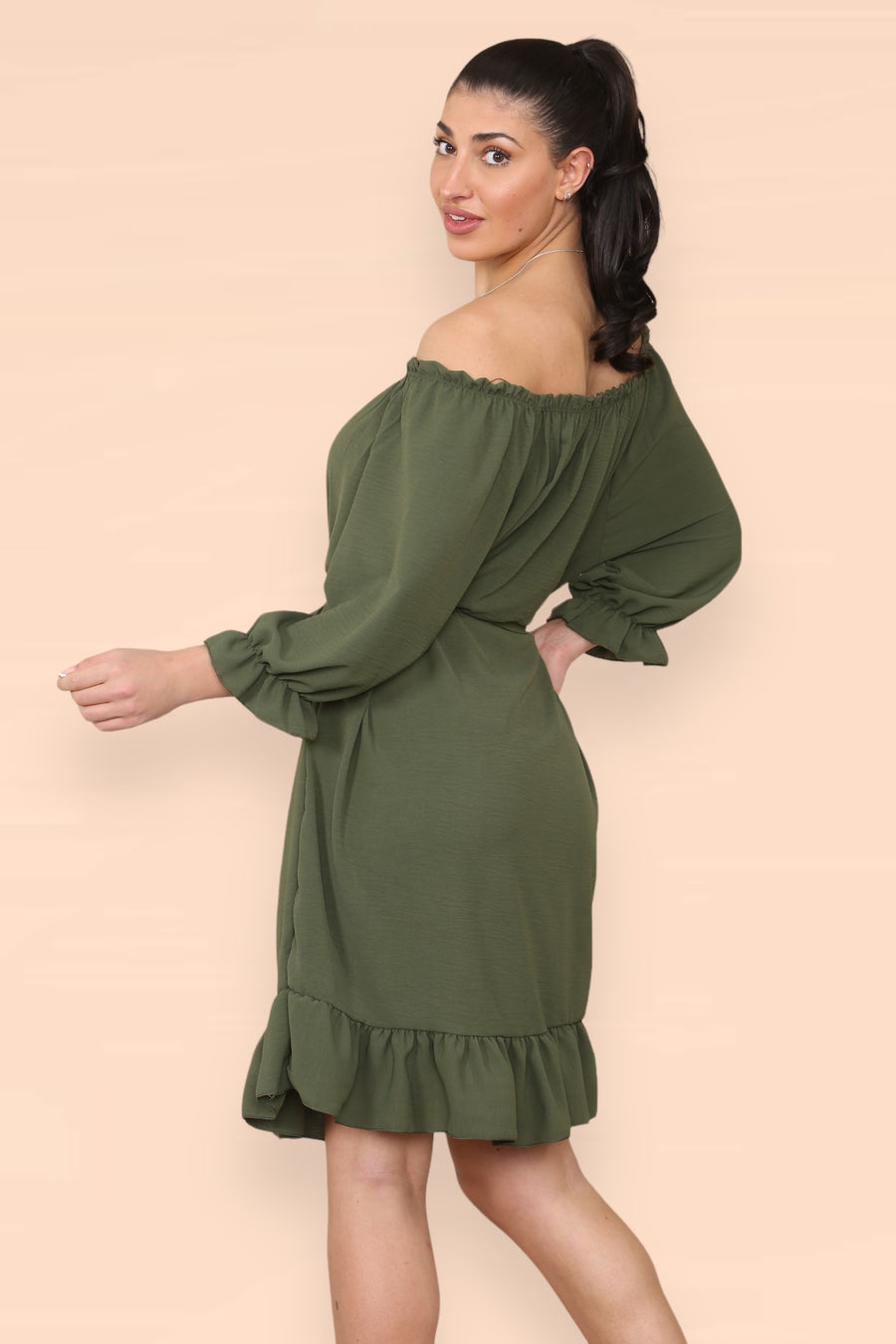 Off Shoulders Ruffled Dress with Elasticated 3/4 Sleeves