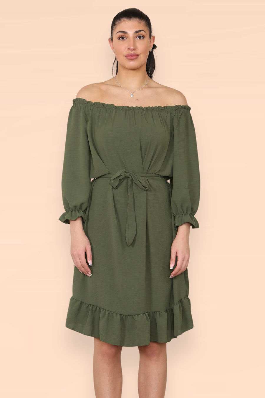 Off Shoulders Ruffled Dress with Elasticated 3/4 Sleeves