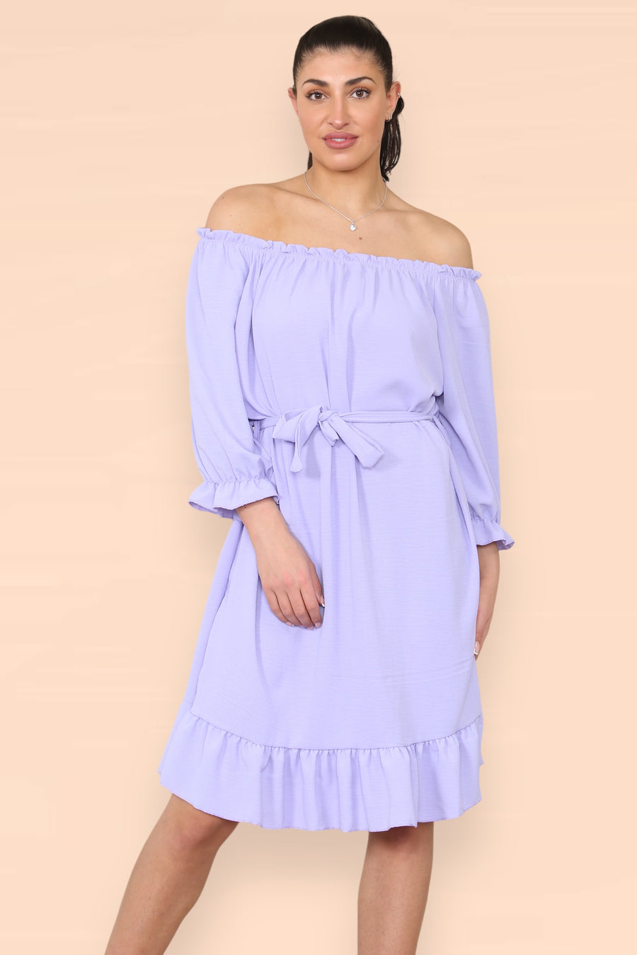 Off Shoulders Ruffled Dress with Elasticated 3/4 Sleeves