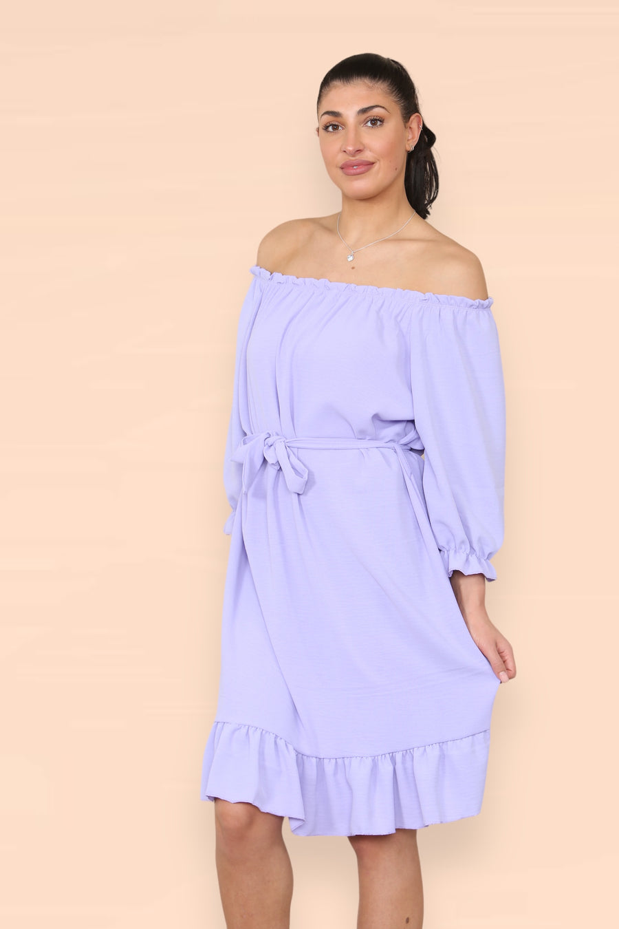 Off Shoulders Ruffled Dress with Elasticated 3/4 Sleeves