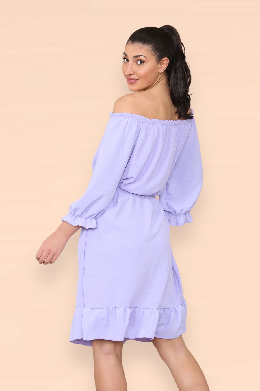 Off Shoulders Ruffled Dress with Elasticated 3/4 Sleeves