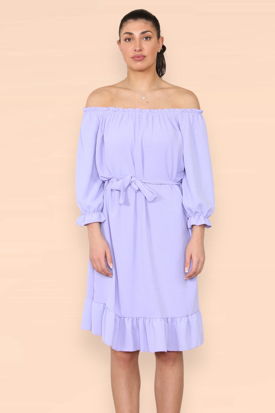 Off Shoulders Ruffled Dress with Elasticated 3/4 Sleeves