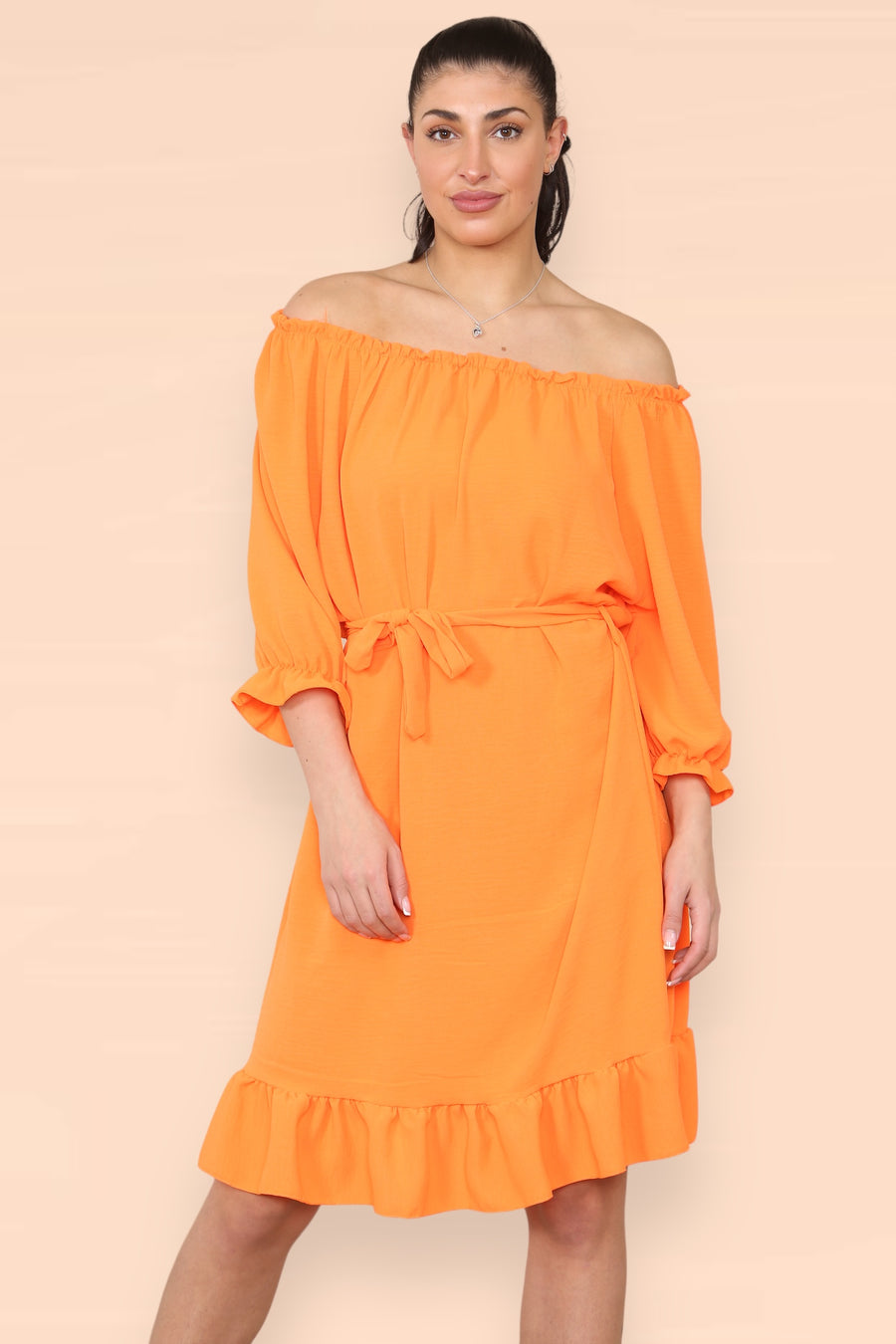 Off Shoulders Ruffled Dress with Elasticated 3/4 Sleeves