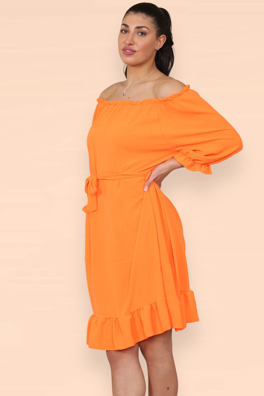 Off Shoulders Ruffled Dress with Elasticated 3/4 Sleeves