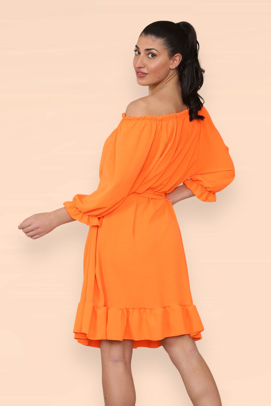 Off Shoulders Ruffled Dress with Elasticated 3/4 Sleeves