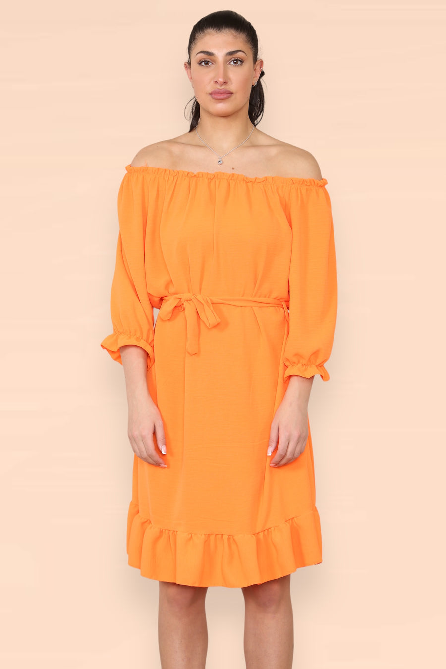 Off Shoulders Ruffled Dress with Elasticated 3/4 Sleeves