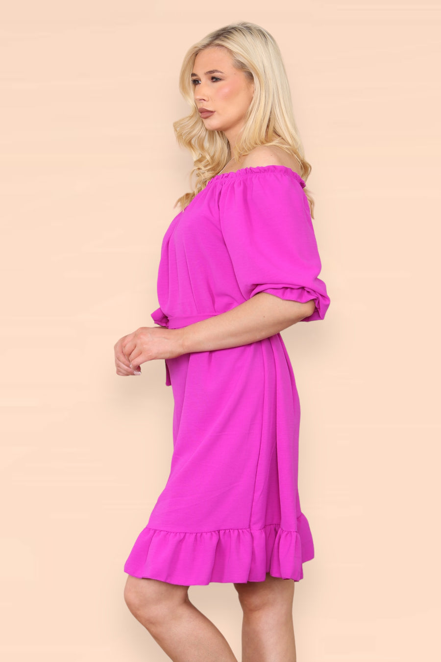 Off Shoulders Ruffled Dress with Elasticated 3/4 Sleeves