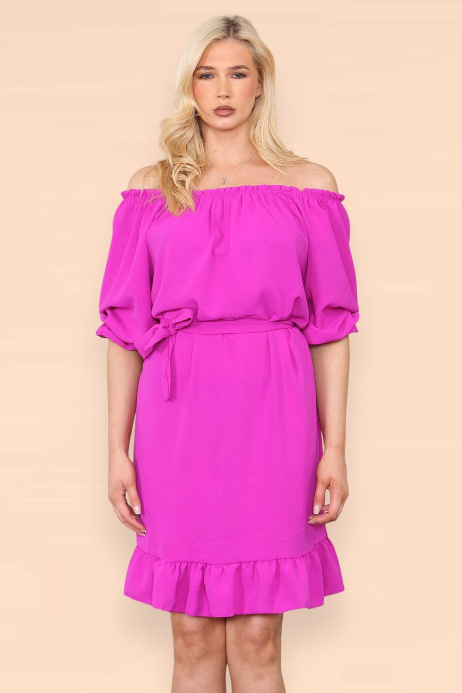 Off Shoulders Ruffled Dress with Elasticated 3/4 Sleeves