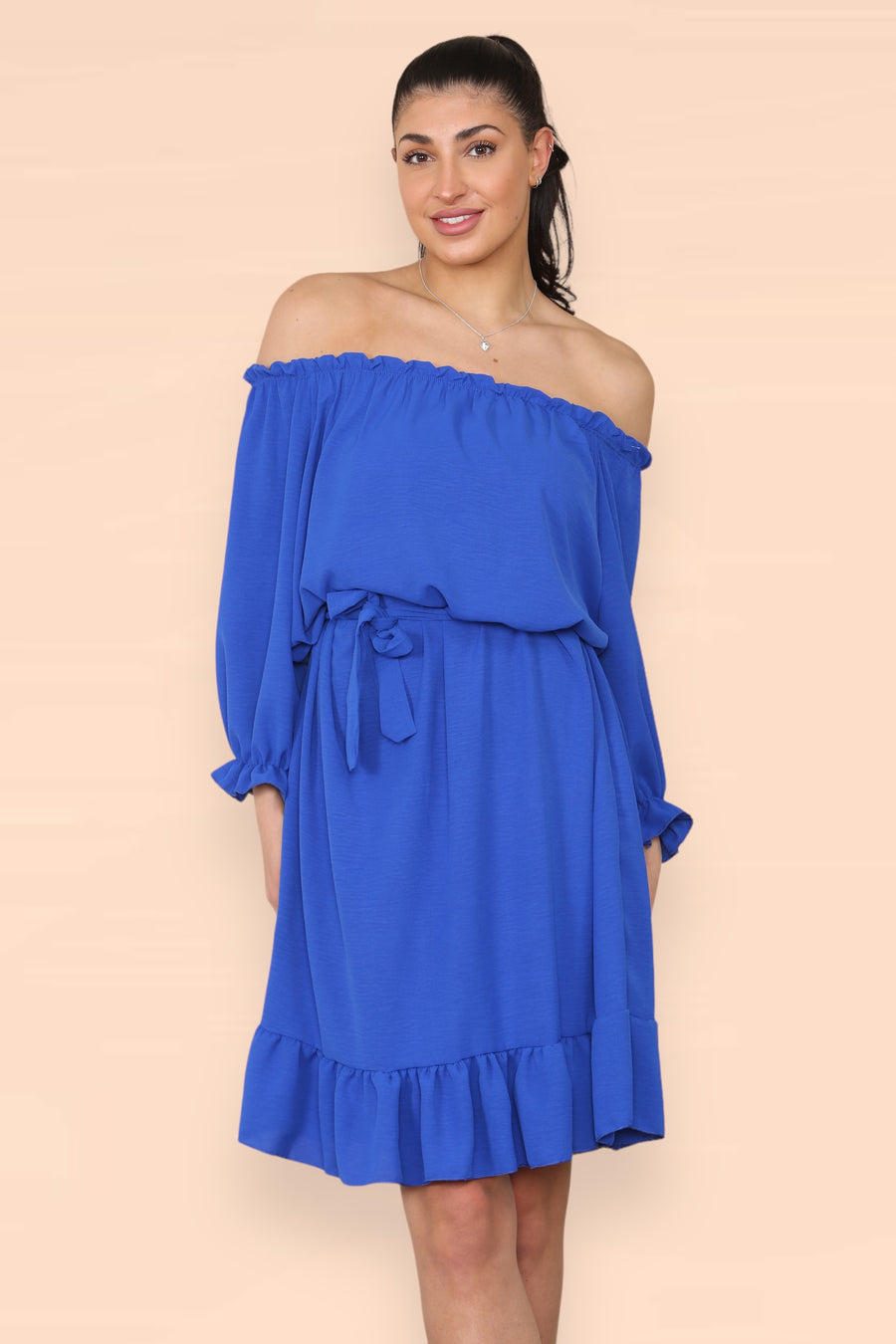 Off Shoulders Ruffled Dress with Elasticated 3/4 Sleeves