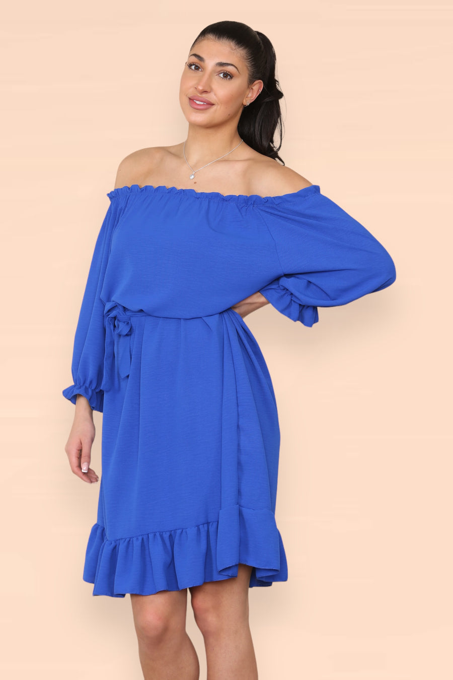 Off Shoulders Ruffled Dress with Elasticated 3/4 Sleeves