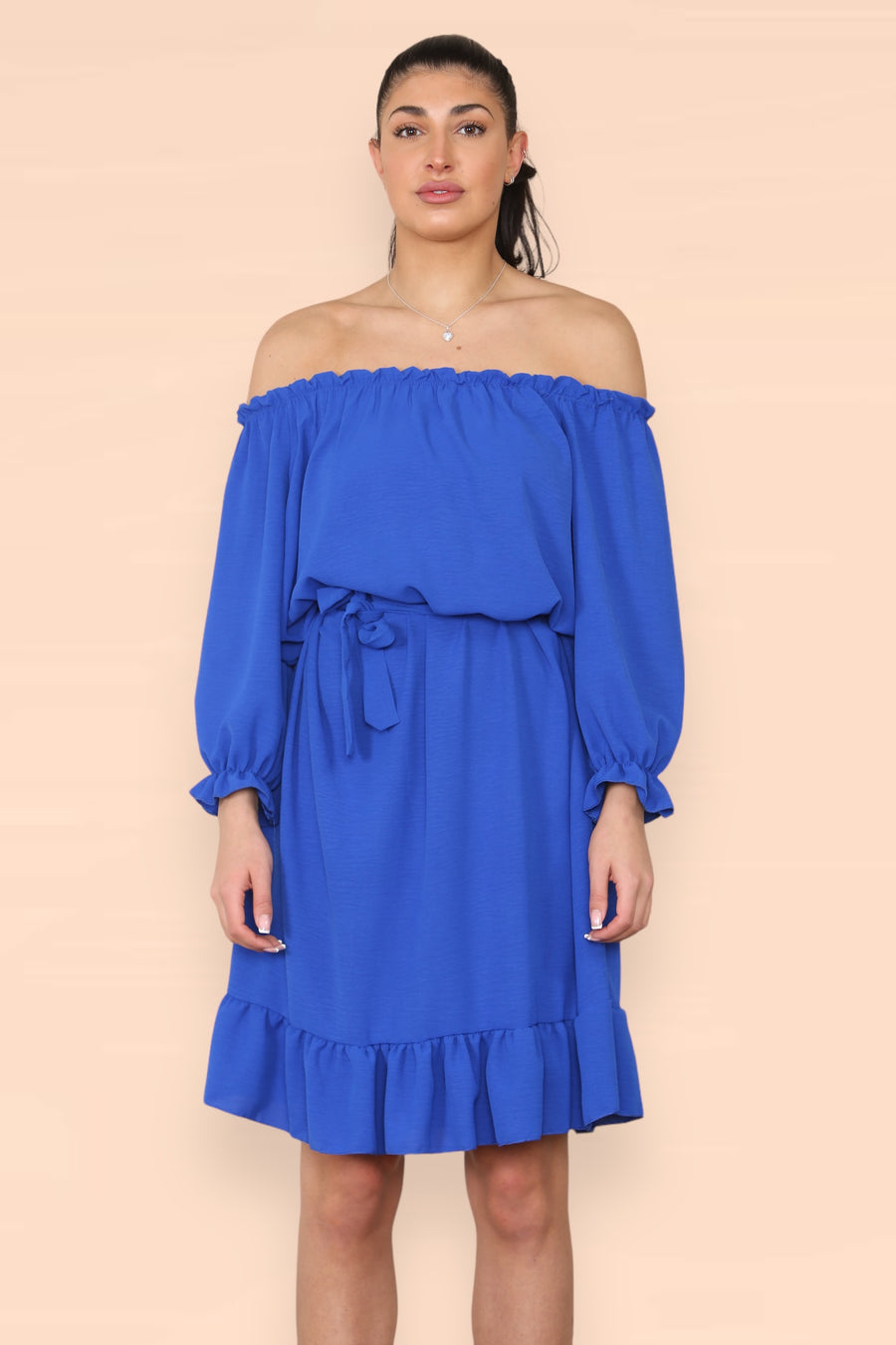 Off Shoulders Ruffled Dress with Elasticated 3/4 Sleeves