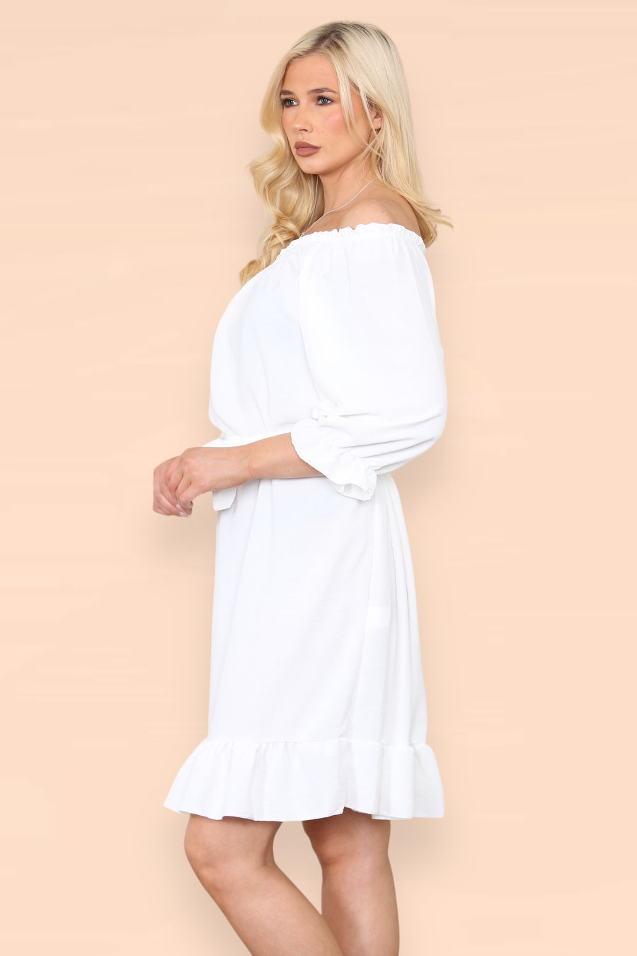 Off Shoulders Ruffled Dress with Elasticated 3/4 Sleeves