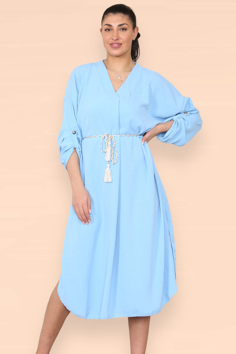 V-Neck Casual Dress with Braided Waist Tie and Sleeves