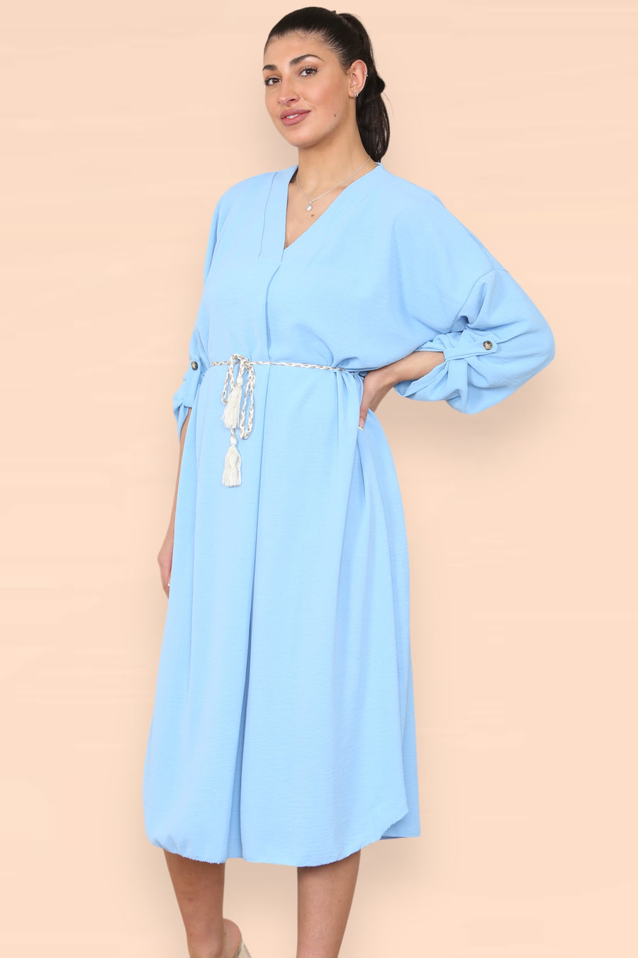 V-Neck Casual Dress with Braided Waist Tie and Sleeves