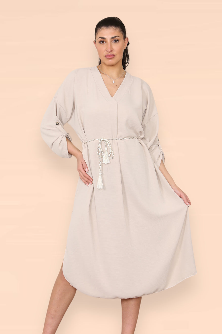 V-Neck Casual Dress with Braided Waist Tie and Sleeves