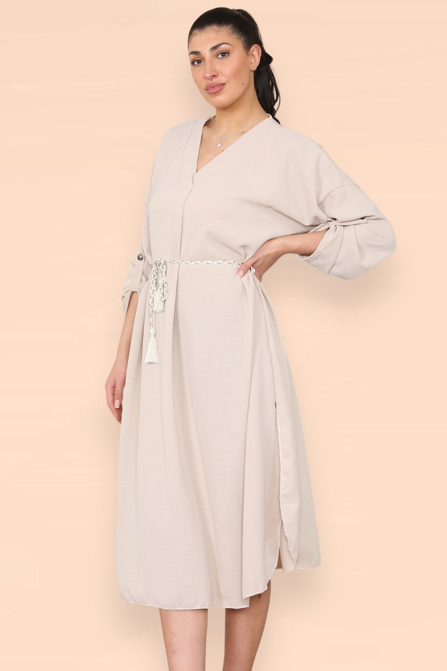 V-Neck Casual Dress with Braided Waist Tie and Sleeves