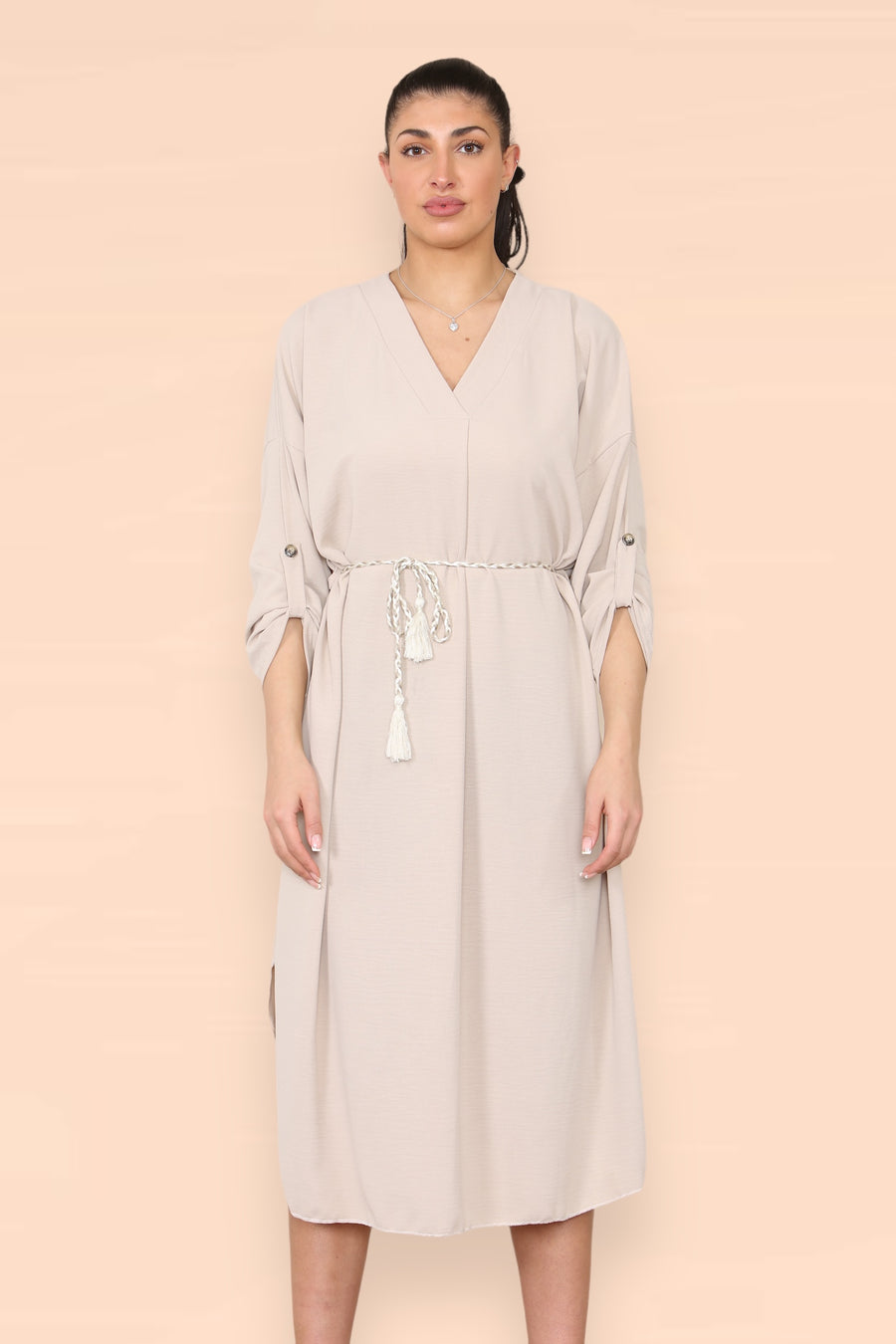 V-Neck Casual Dress with Braided Waist Tie and Sleeves