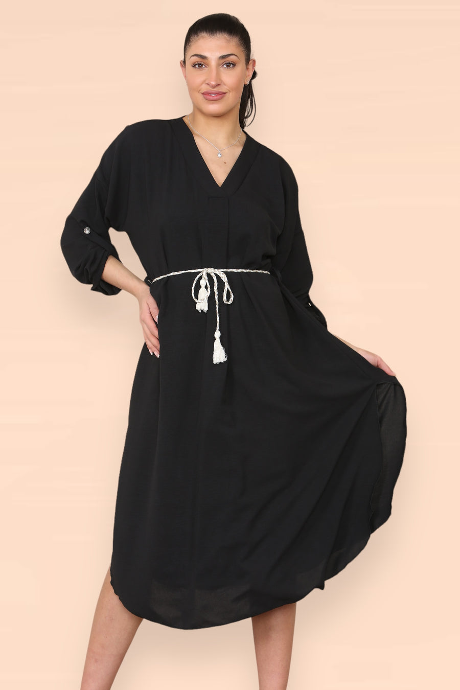 V-Neck Casual Dress with Braided Waist Tie and Sleeves