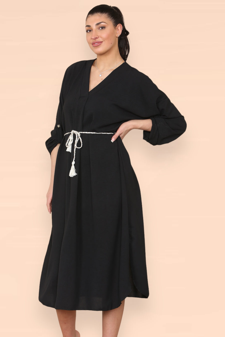 V-Neck Casual Dress with Braided Waist Tie and Sleeves