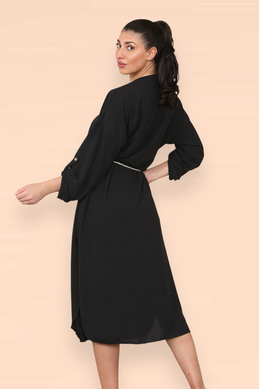 V-Neck Casual Dress with Braided Waist Tie and Sleeves