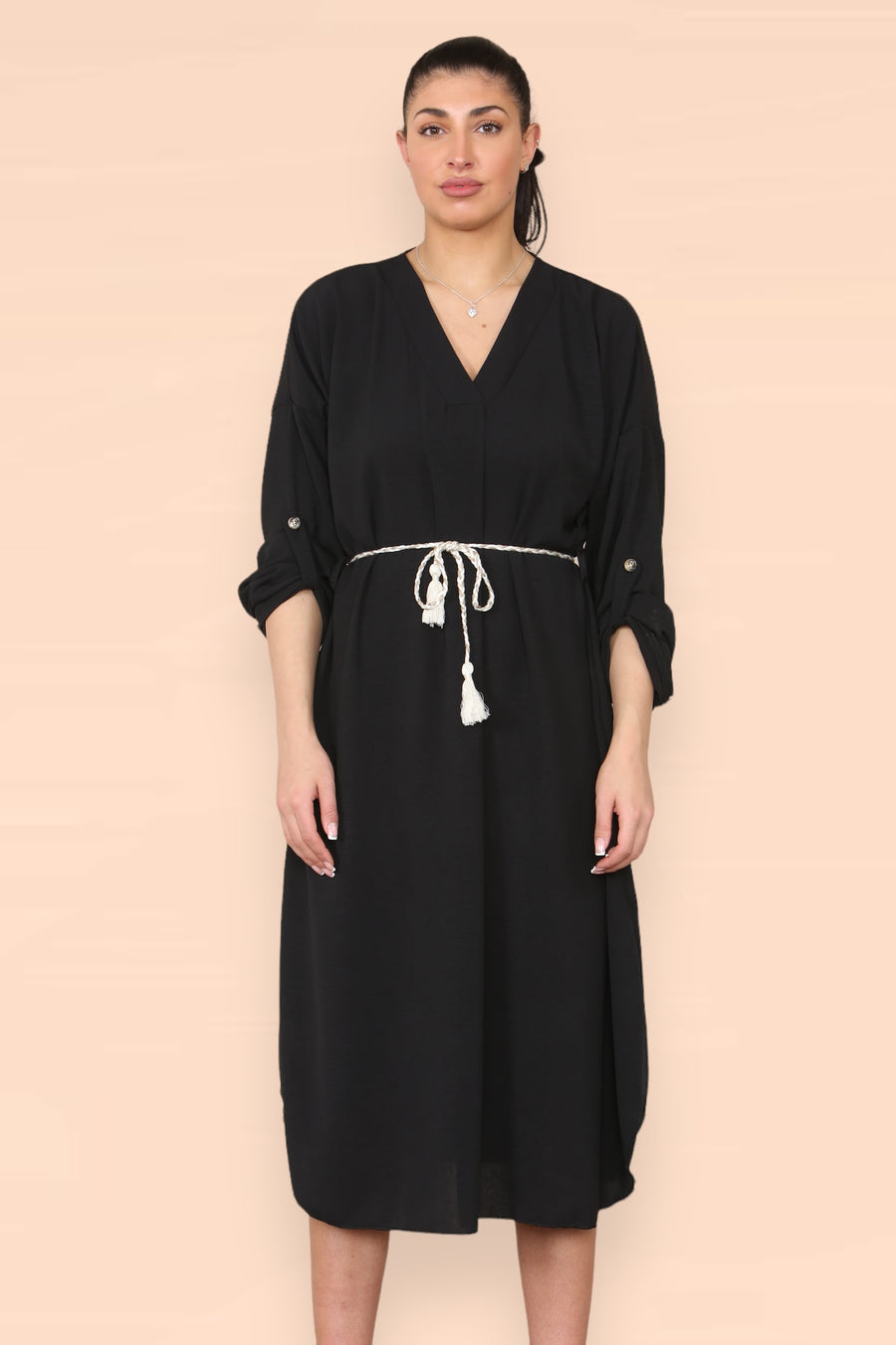 V-Neck Casual Dress with Braided Waist Tie and Sleeves