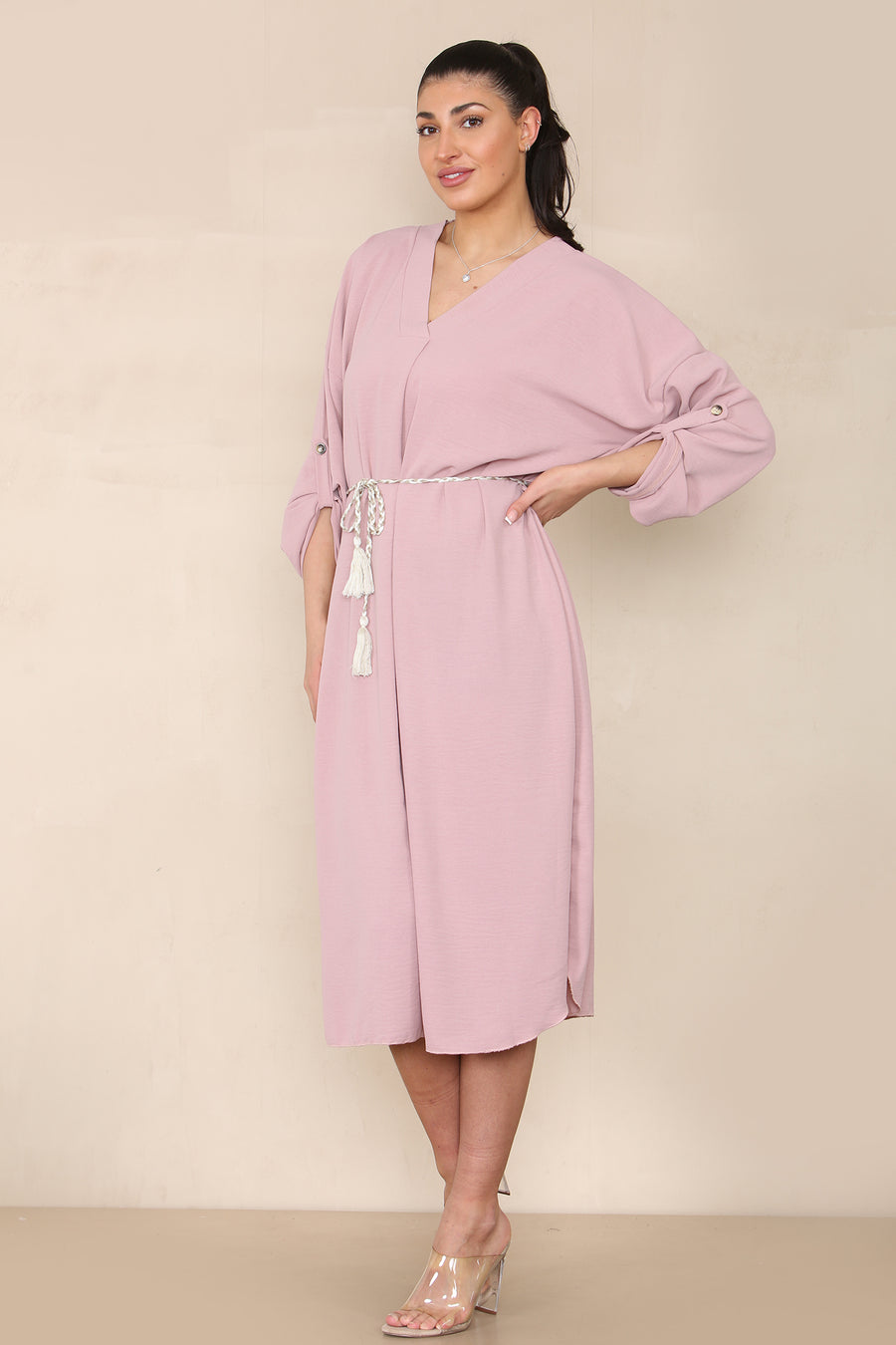 V-Neck Casual Dress with Braided Waist Tie and Sleeves