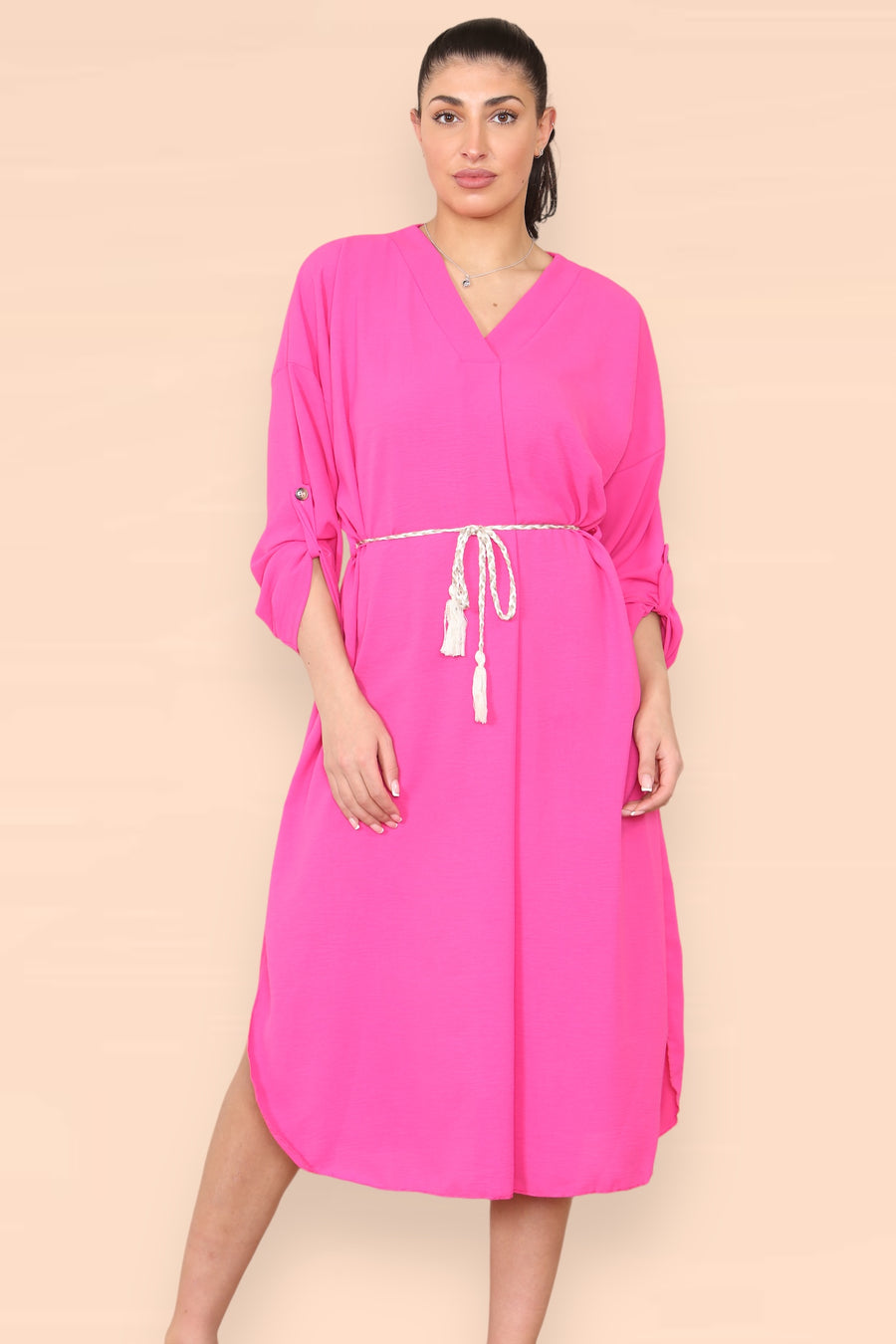 V-Neck Casual Dress with Braided Waist Tie and Sleeves