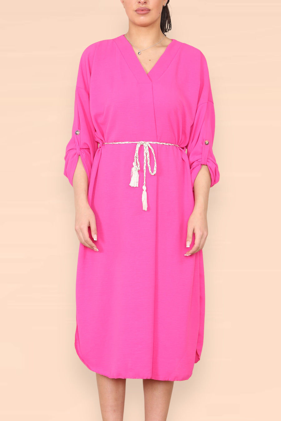 V-Neck Casual Dress with Braided Waist Tie and Sleeves