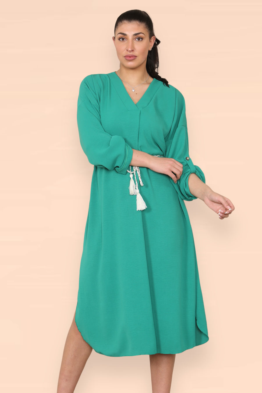 V-Neck Casual Dress with Braided Waist Tie and Sleeves